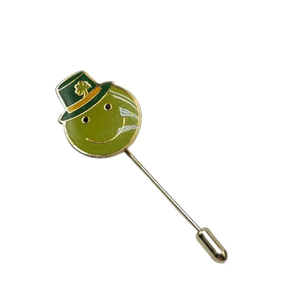 Green Enamel Smiley Face Leprechaun Hat W/ Hat Pin Gold Tone Vintage